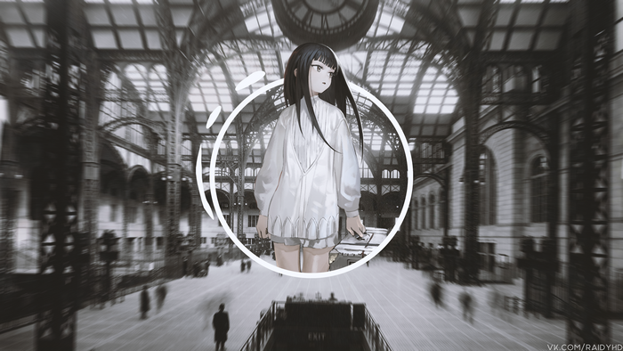 Anime girl in a white sweater at a train station
