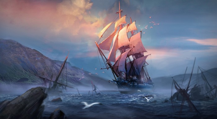 Sailing ship amidst shipwrecks in a misty sea