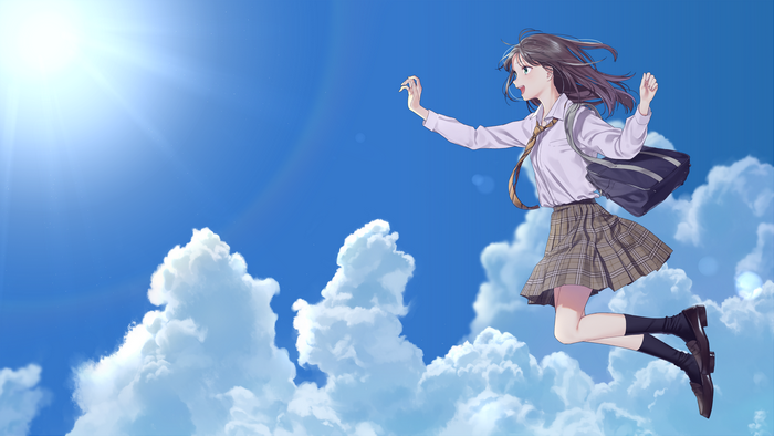 Anime girl in school uniform jumping in the sky