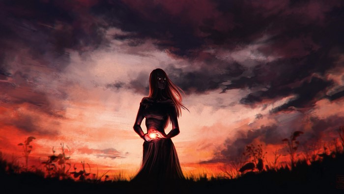Dark figure with glowing eyes holding a light