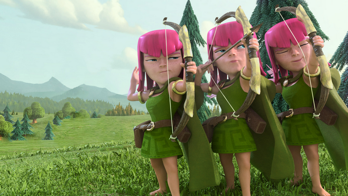 Three Archer characters from Clash of Clans with bows