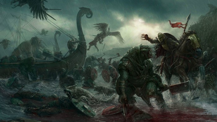 Dark fantasy battle with creatures and Vikings