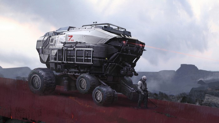 Futuristic vehicle and soldier on alien planet