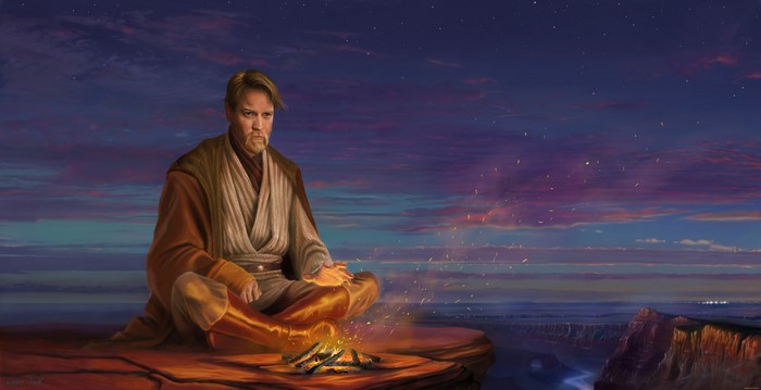 Obi-Wan Kenobi from Star Wars sitting by a campfire