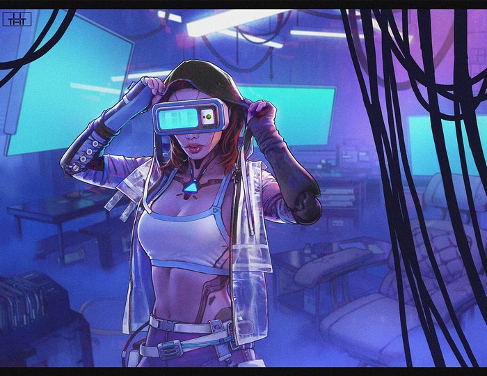 Cyberpunk redhead woman wearing VR headset in futuristic room
