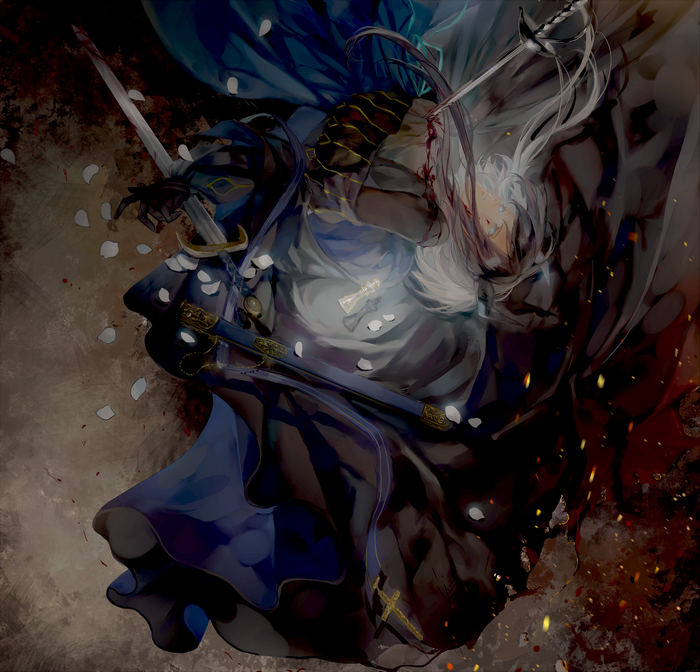Anime girl with white hair and swords