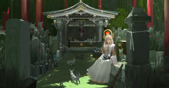 Anime girl with fox statues at a shrine