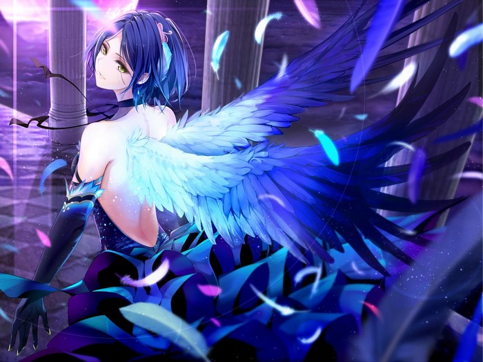 Anime girl with blue wings and dress