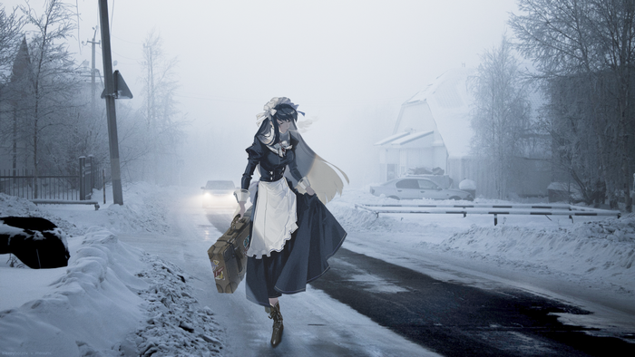 Anime maid with luggage in winter snow