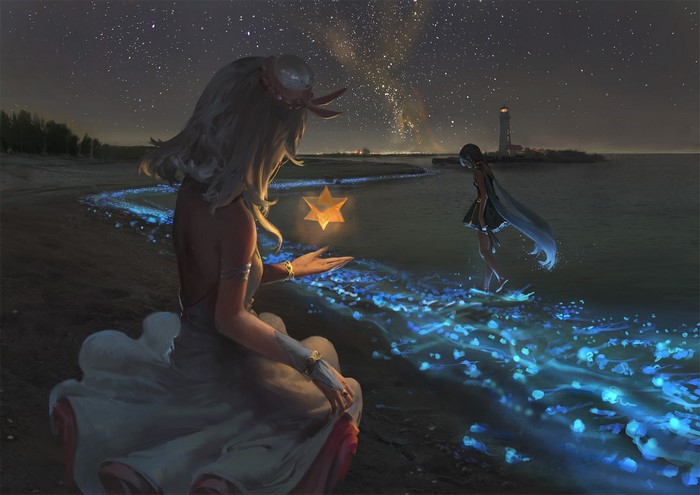 Hatsune Miku and Stardust on a beach at night