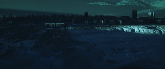 Digital 3D abstract city landscape with mist