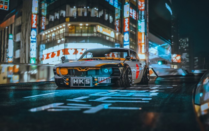 Modified Toyota Celica GT-Four in a neon-lit Japanese city