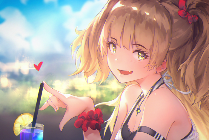 Anime girl with blonde pigtails drinking a cocktail