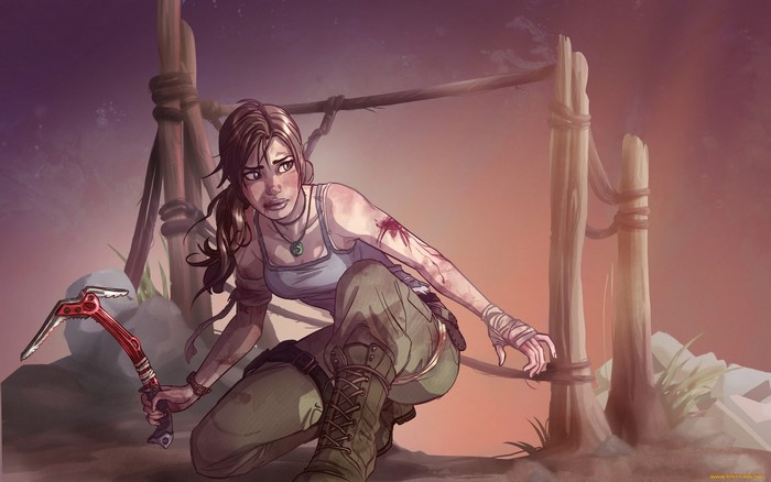 Lara Croft from Tomb Raider holding an ice axe