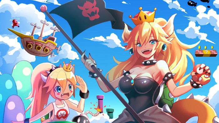Bowsette and Kamekko from Super Mario with Bowser flag