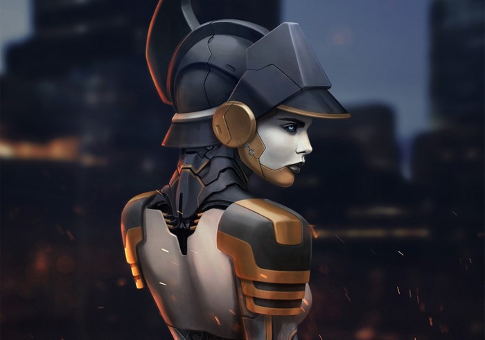 Robot woman with helmet in science fiction setting
