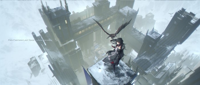Anime girl with eagle in snowy city
