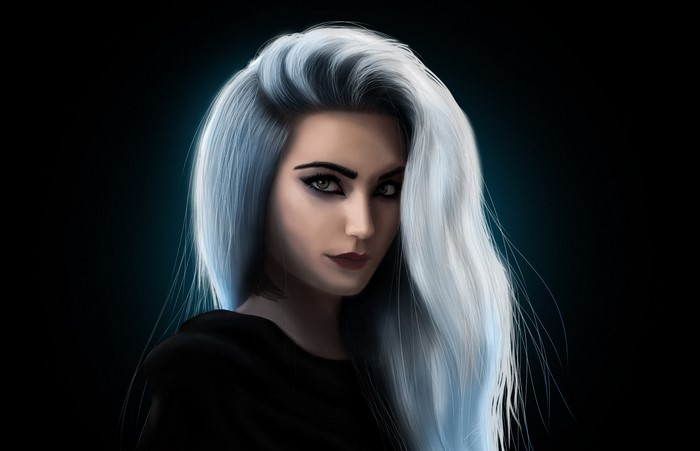 Woman with long white and blue hair