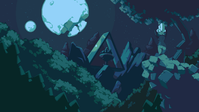 Pixel art landscape with moons and a figure