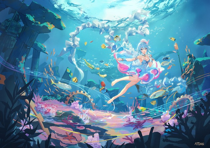 Anime girl with blue hair and dress underwater with ruins and fish