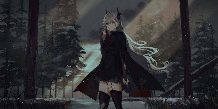 Anime girl with white hair and horns in a snowy forest