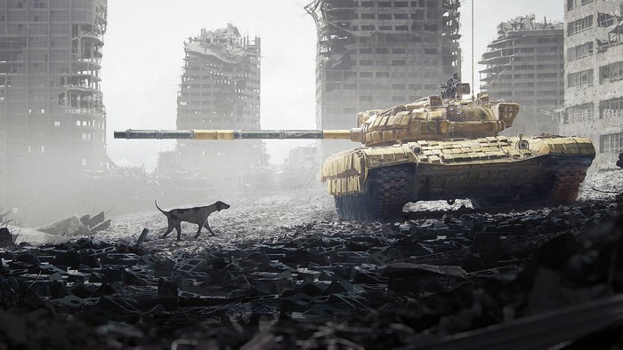 Tank and dog in ruined city