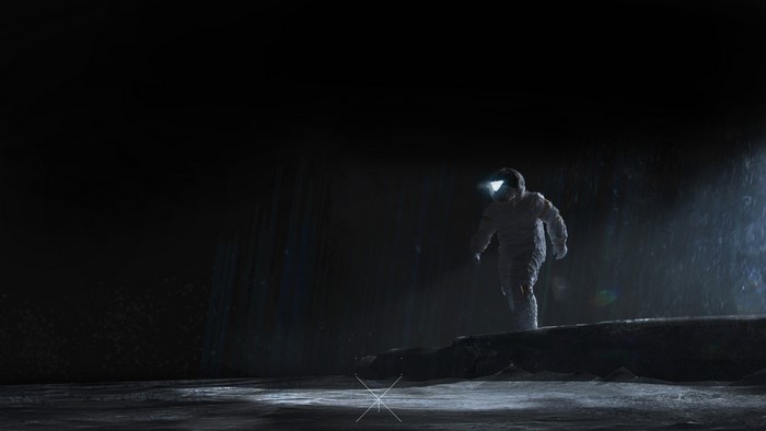 Astronaut in a dark cave