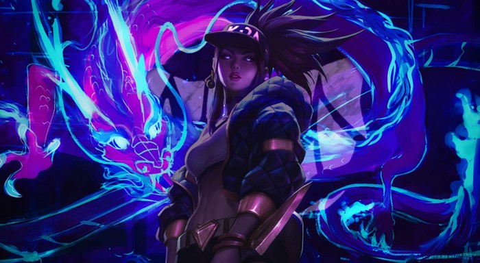 Akali from League of Legends with a dragon