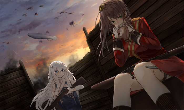 Anime girls with guns in a war scene