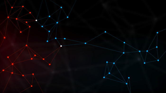 Abstract network of red and blue dots connected by lines