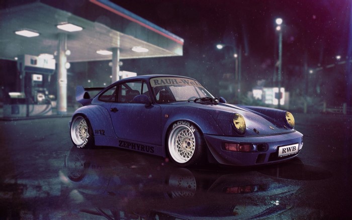 Blue RWB Porsche 911 at a gas station at night