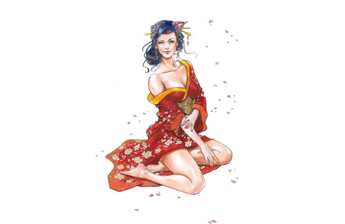 Woman in red kimono sitting on a patterned mat
