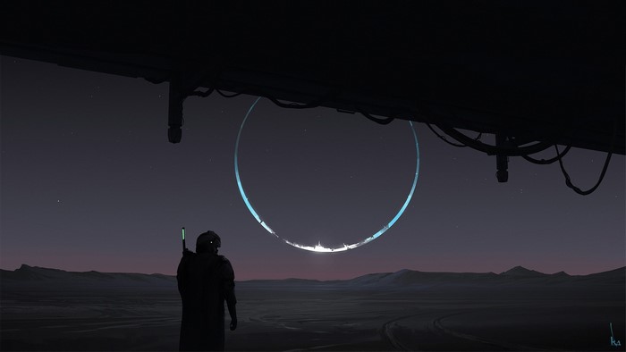 Astronaut looking at a glowing ring structure in a desolate landscape