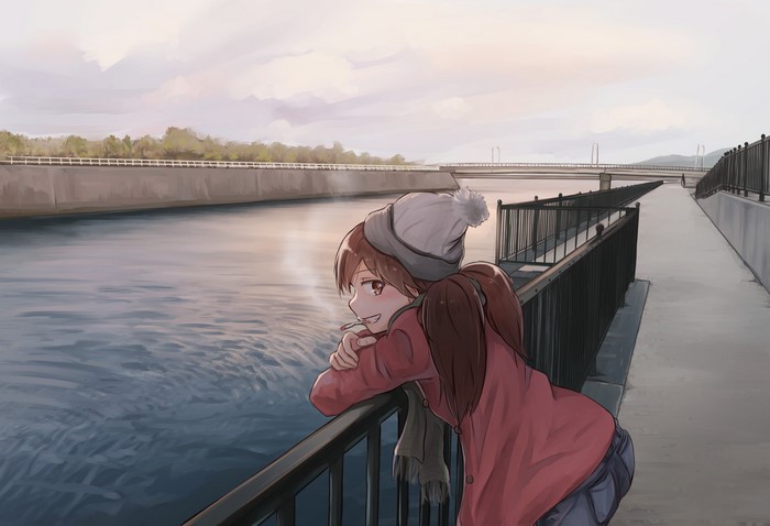 Anime girl with hat smoking by a river