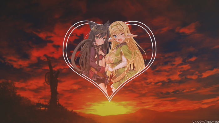 Anime girls in heart frame against sunset
