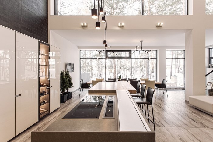 Modern kitchen and dining area with large windows