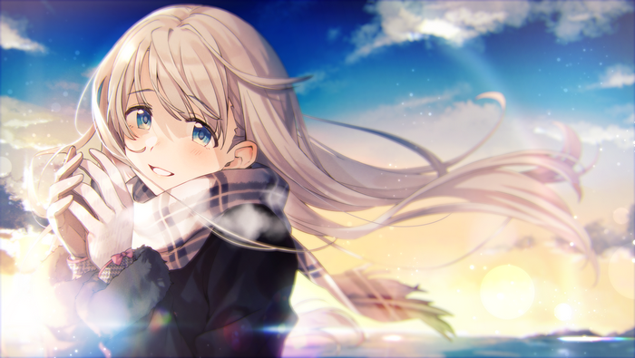 Anime girl with blonde hair and blue eyes wearing a scarf
