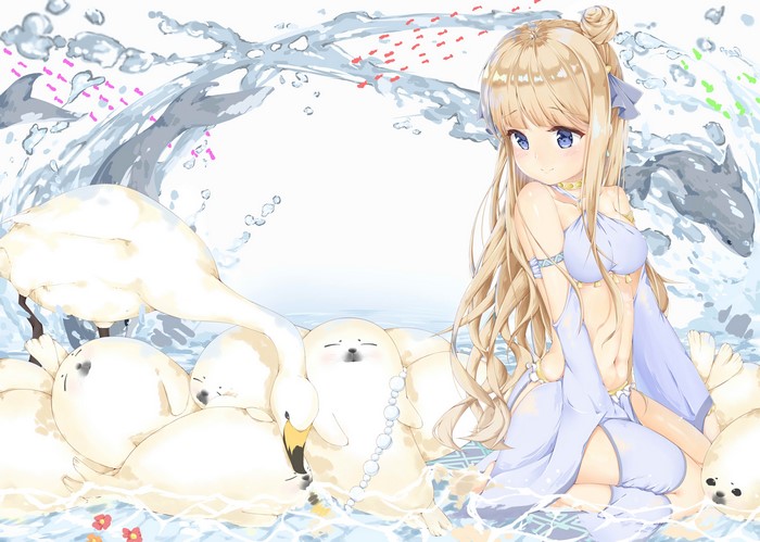 Anime girl with seals and swan in water