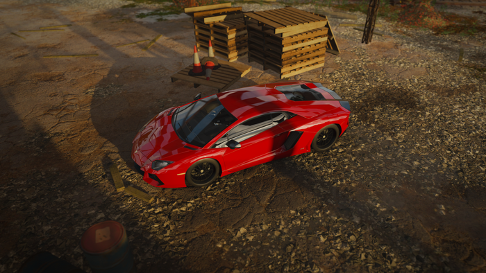 Red Lamborghini Aventador on a dirt road