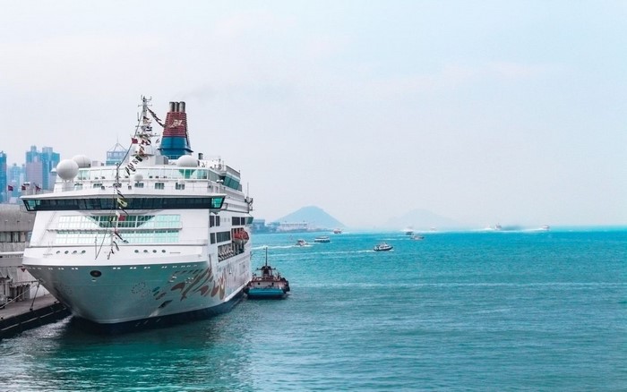 Cruise ship docked at a harbor with smaller boats in the sea