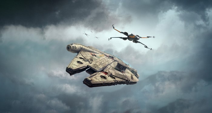 Millennium Falcon and X-wing in cloudy sky