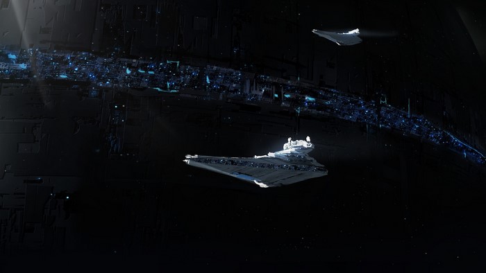 Star Destroyer and spaceship near a space station