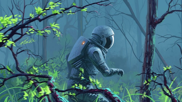 Astronaut walking through a misty forest on an alien planet