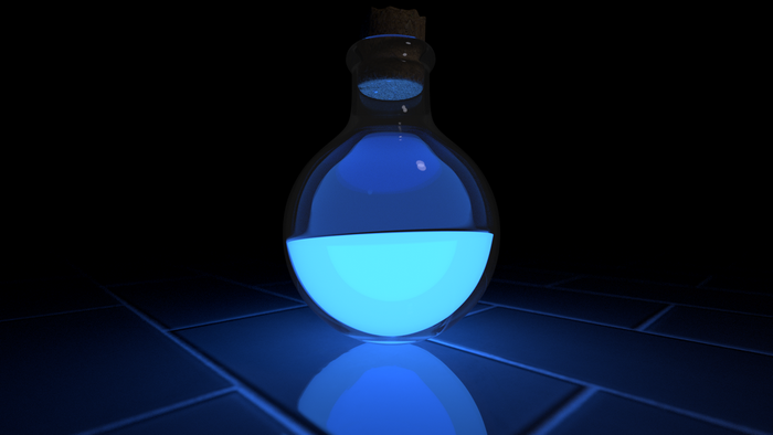 Glowing blue potion in a glass bottle on tiles