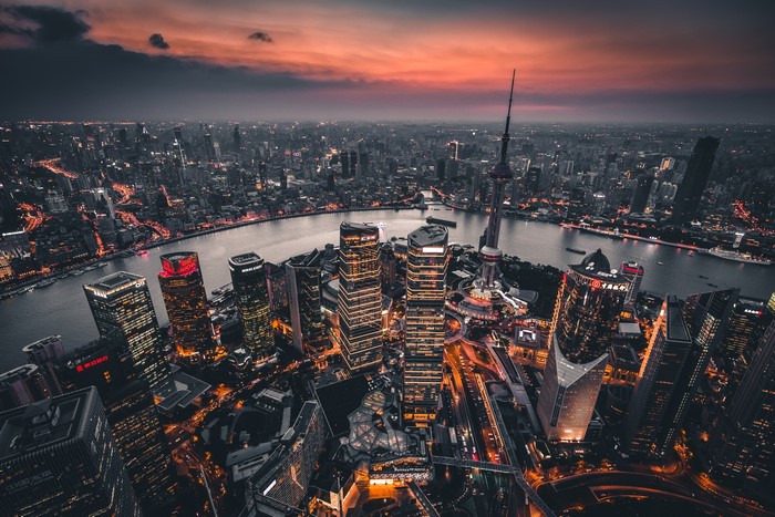 4K Shanghai cityscape at dusk with Oriental Pearl Tower