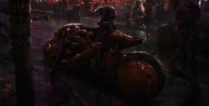 Cyberpunk motorcycle rider in a neon-lit city