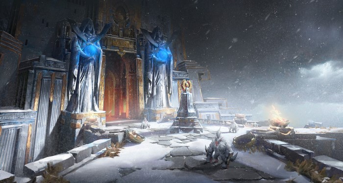 Fantasy art of a snowy landscape with statues and a bonfire