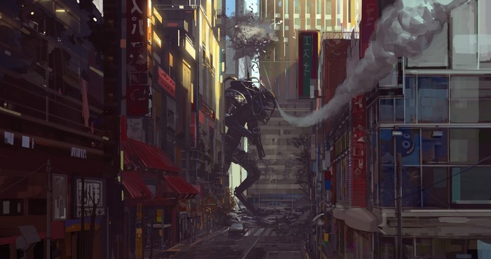 Giant robot in a destroyed futuristic Tokyo city