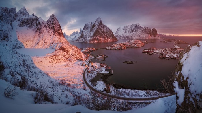 Winter sunset over a village in Lofoten, Norway