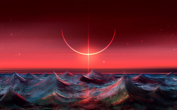 Crimson sky over stormy sea with celestial eclipse